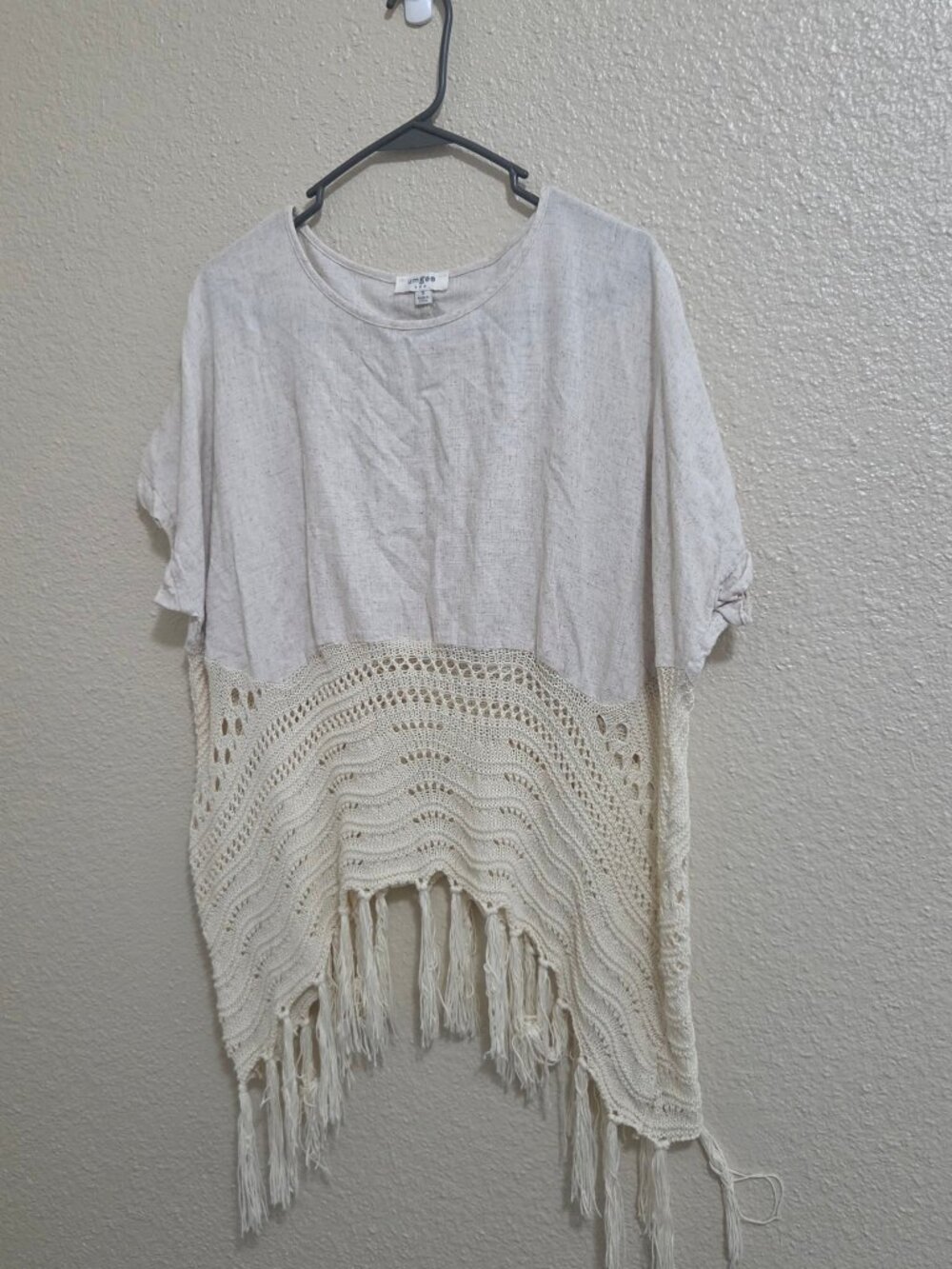 Umgee Top Womens S Oatmeal Linen Boho Crochet Fringe Tunic Poncho Short Sleeve